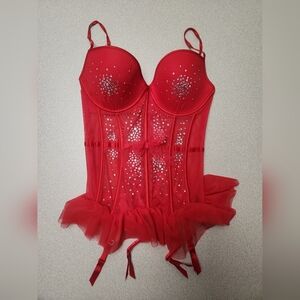 Victoria’s Secret Women’s Rhinestone Sheer Mesh Corset Bustier Red Size 36D